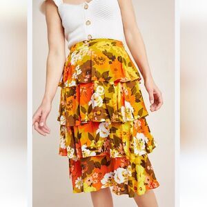 Anthropologie Mavis Tiered Floral Midi Skirt Yellow & Orange Size 4